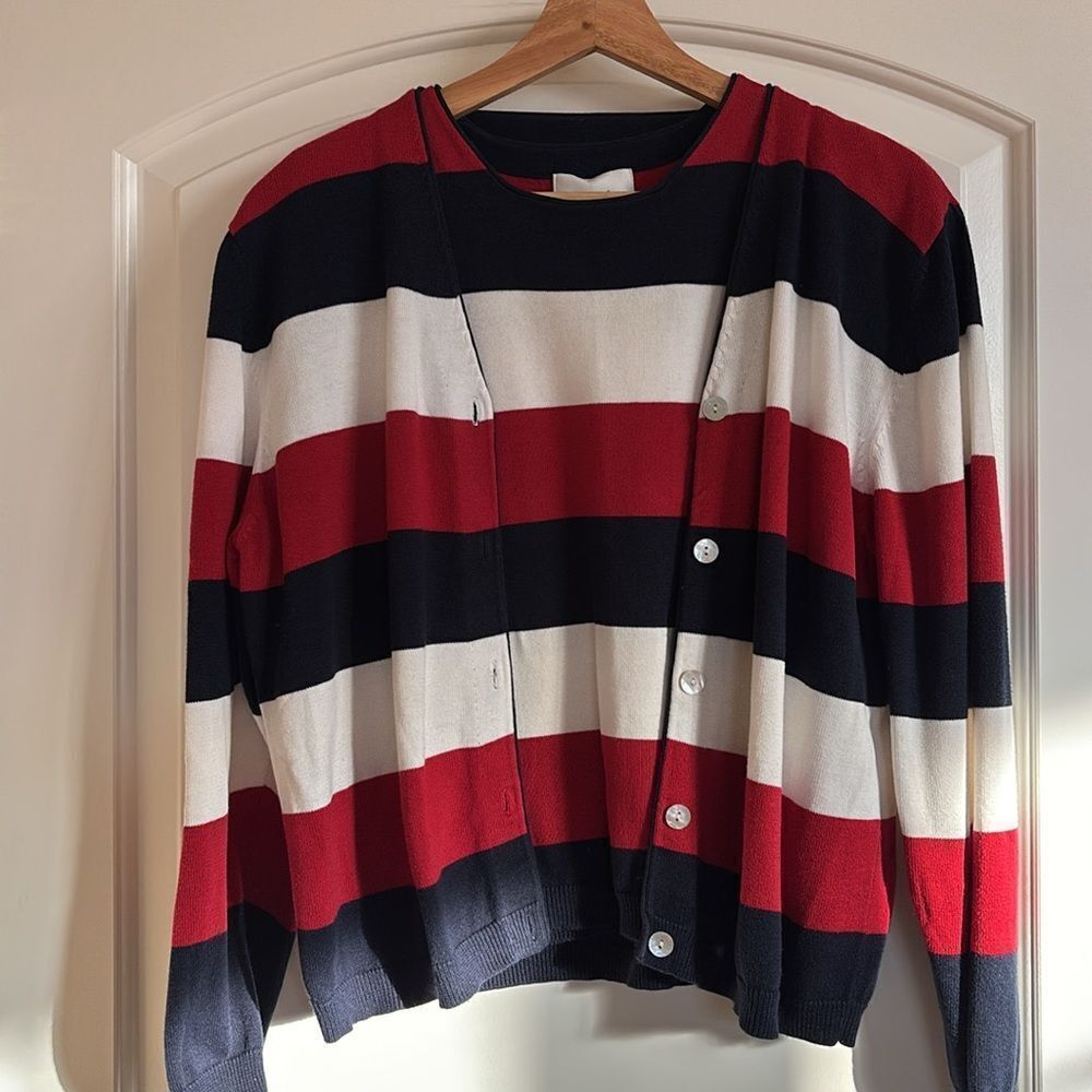 Cardigan Sweater Set USA Red White Blue Striped‎ Large Christopher & Banks